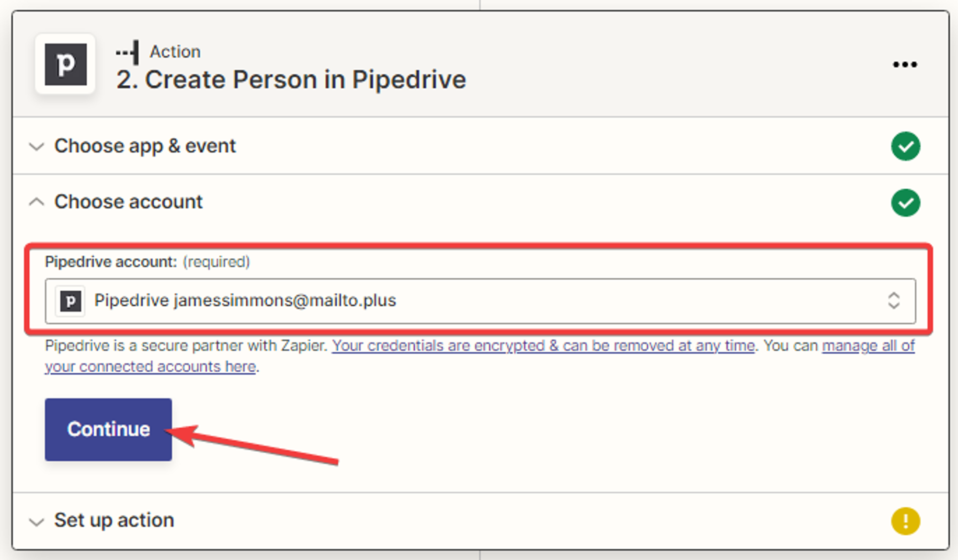 Need to specify the "Pipedrive" account