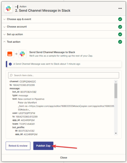 It is necessary to test the connection between "Pipedrive" and "Slack.”