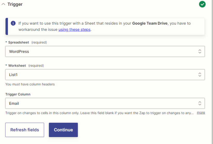 Create a new connection and select Google Sheets. In the 'Event' field, specify the condition that will trigger the action