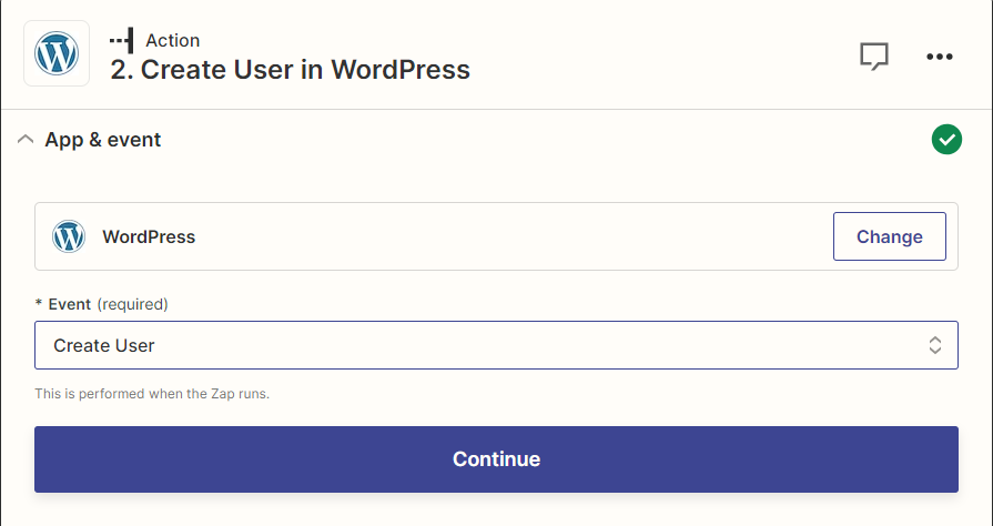 Select our table with data and move on to the next step Choose the platform and the event that will happen when a row is added to our document. Need the "Create User" event.