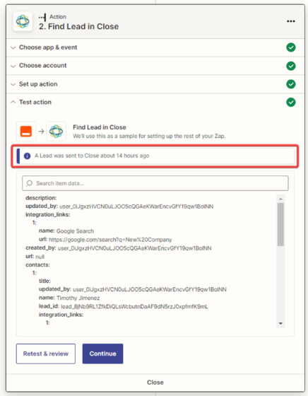 Test data has been sent to 'Close'