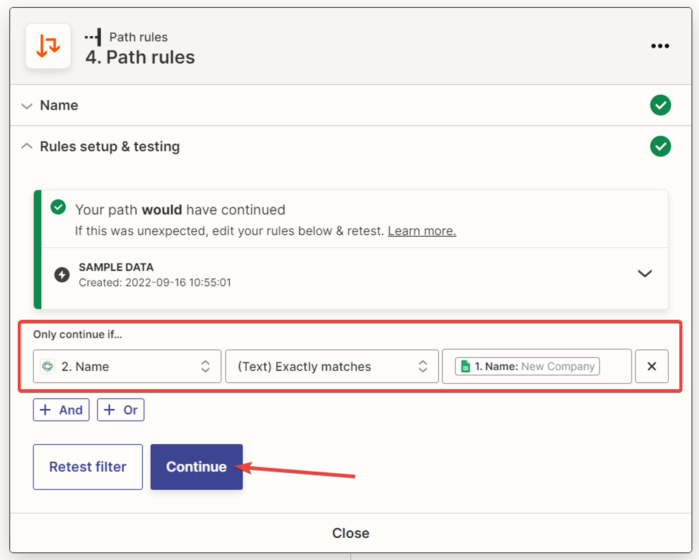 Set up the rule for Path A. Continue if the lead name in 'Google Spreadsheet' exactly matches the company name