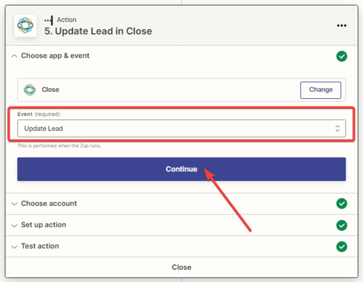 Specify the action that will be performed in 'Close' when the rule is met