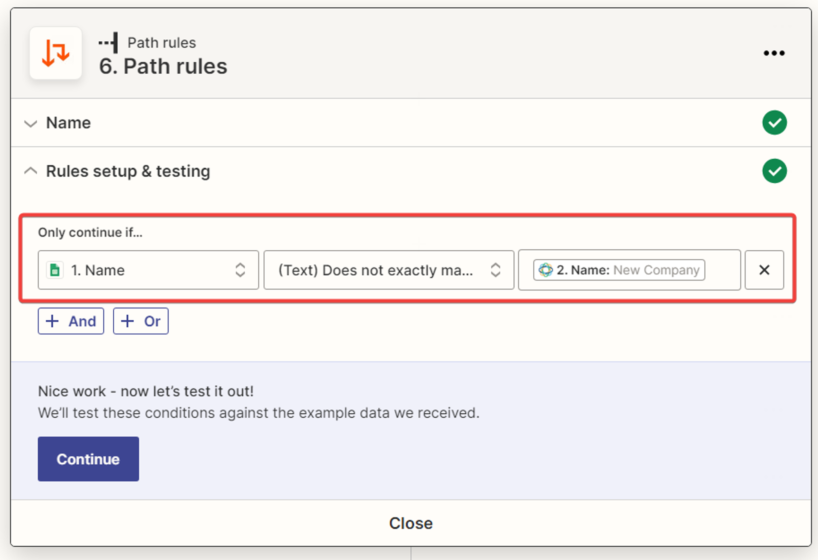 Set up the rule for Path B. We continue if the lead name in 'Google Spreadsheet' does not match the company name