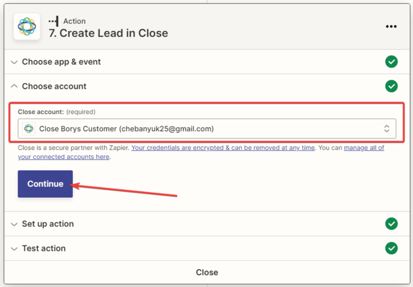 Need to connect the 'Close' account.