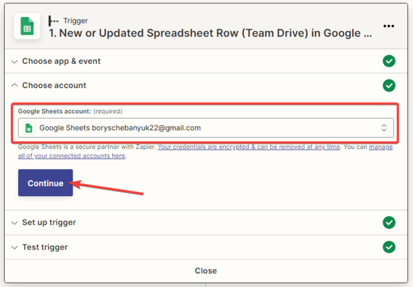 Need to select the 'Google' account